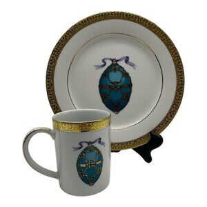 Gold Buffet Royal Gallery Teal Blue Faberge Egg Dessert Plate and Coffee Cup VTG